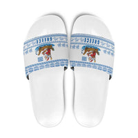 Greece Christmas Slide Sandals with Santa Rowing Boat Greek Flag Laurel Wreath Parthenon and Blue White Pattern Design - Wonder Print Shop