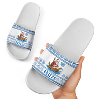 Greece Christmas Slide Sandals with Santa Rowing Boat Greek Flag Laurel Wreath Parthenon and Blue White Pattern Design - Wonder Print Shop