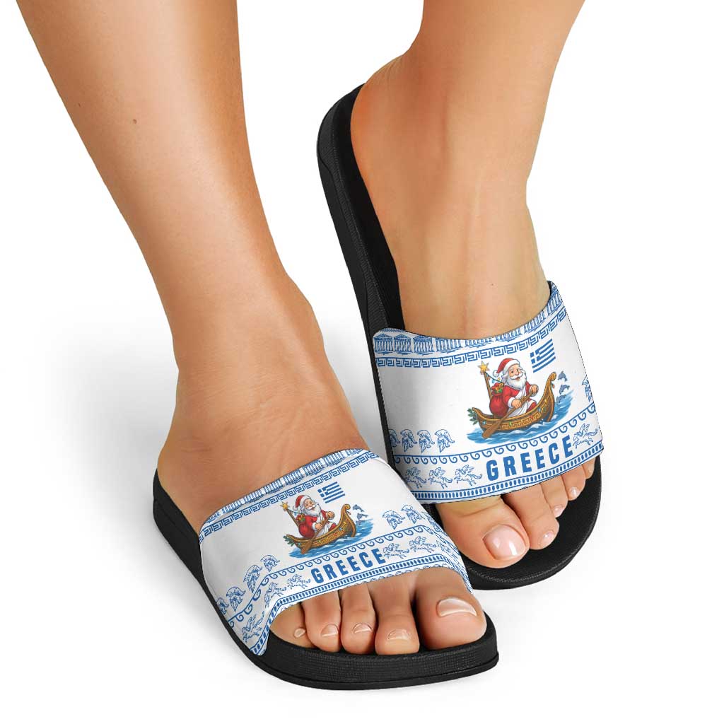 Greece Christmas Slide Sandals with Santa Rowing Boat Greek Flag Laurel Wreath Parthenon and Blue White Pattern Design - Wonder Print Shop