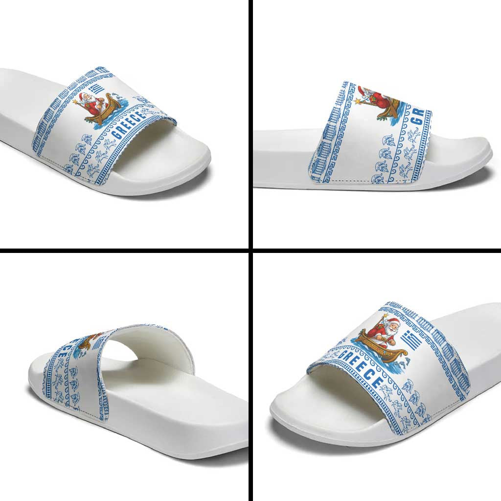 Greece Christmas Slide Sandals with Santa Rowing Boat Greek Flag Laurel Wreath Parthenon and Blue White Pattern Design - Wonder Print Shop