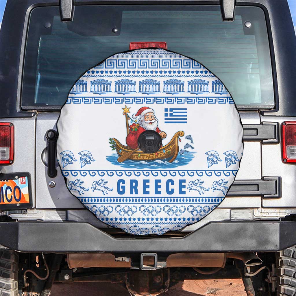Greece Christmas Spare Tire Cover with Santa Rowing Boat Greek Flag Laurel Wreath Parthenon and Blue White Pattern Design - Wonder Print Shop