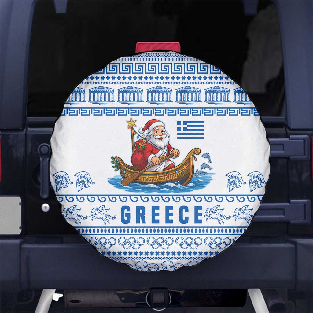 Greece Christmas Spare Tire Cover with Santa Rowing Boat Greek Flag Laurel Wreath Parthenon and Blue White Pattern Design - Wonder Print Shop