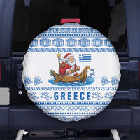 Greece Christmas Spare Tire Cover with Santa Rowing Boat Greek Flag Laurel Wreath Parthenon and Blue White Pattern Design - Wonder Print Shop