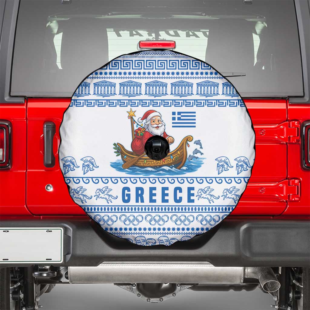 Greece Christmas Spare Tire Cover with Santa Rowing Boat Greek Flag Laurel Wreath Parthenon and Blue White Pattern Design - Wonder Print Shop