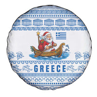 Greece Christmas Spare Tire Cover with Santa Rowing Boat Greek Flag Laurel Wreath Parthenon and Blue White Pattern Design - Wonder Print Shop