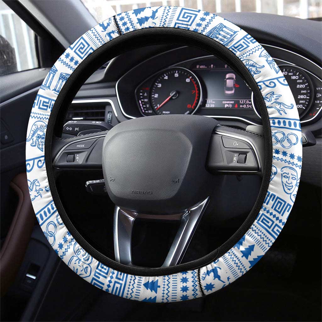Greece Christmas Steering Wheel Cover with Santa Rowing Boat Greek Flag Laurel Wreath Parthenon and Blue White Pattern Design - Wonder Print Shop