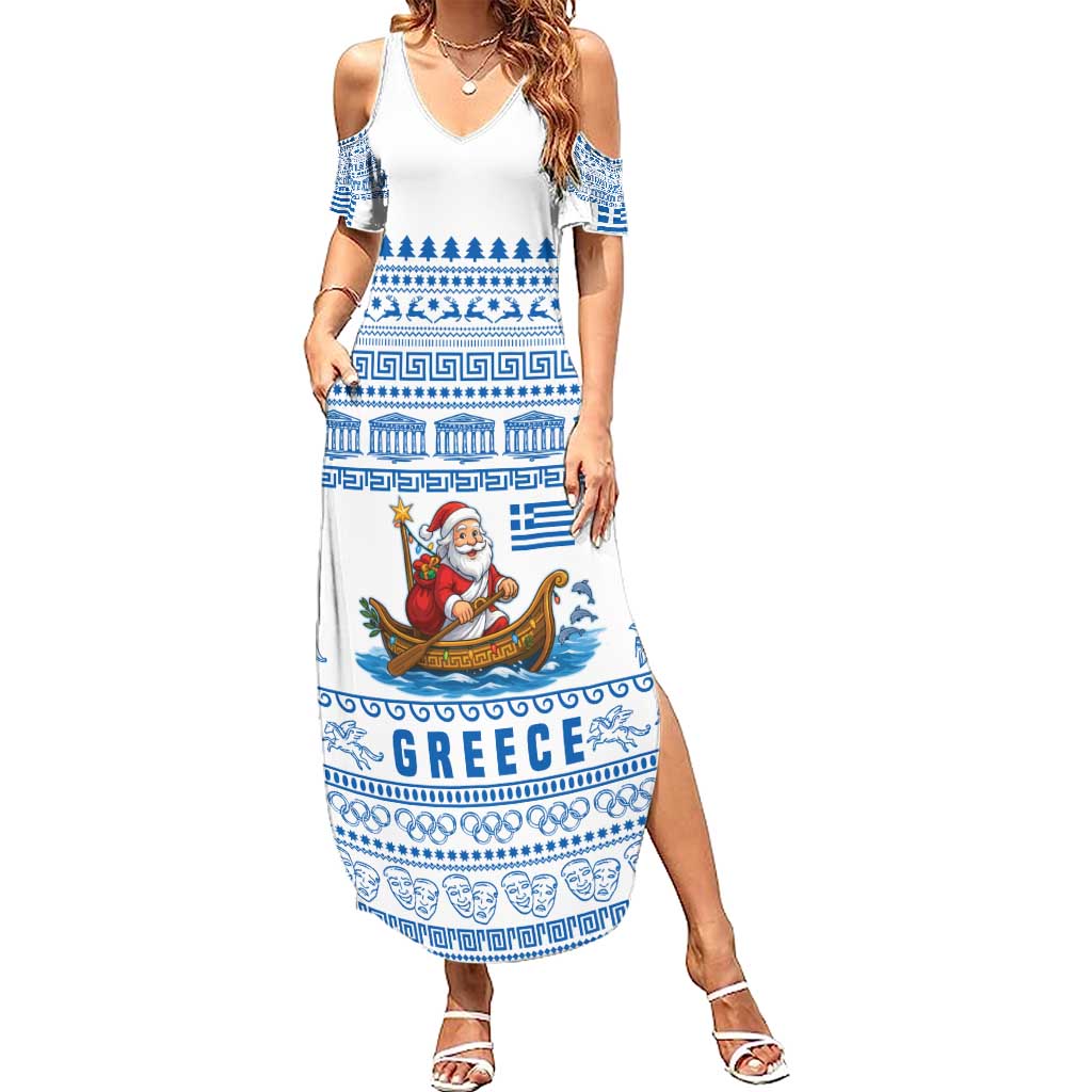 Greece Christmas Summer Maxi Dress with Santa Rowing Boat Greek Flag Laurel Wreath Parthenon and Blue White Pattern Design - Wonder Print Shop