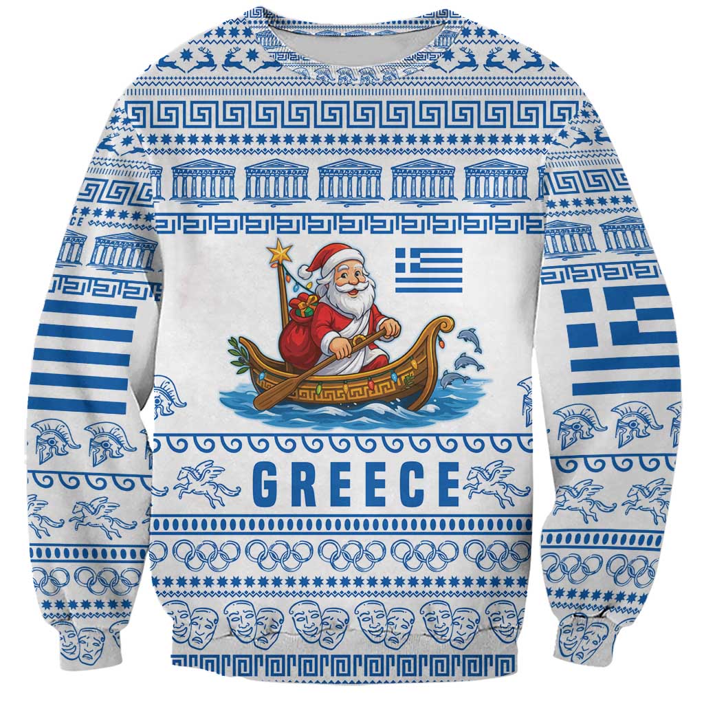 Greece Christmas Sweatshirt with Santa Rowing Boat Greek Flag Laurel Wreath Parthenon and Blue White Pattern Design - Wonder Print Shop