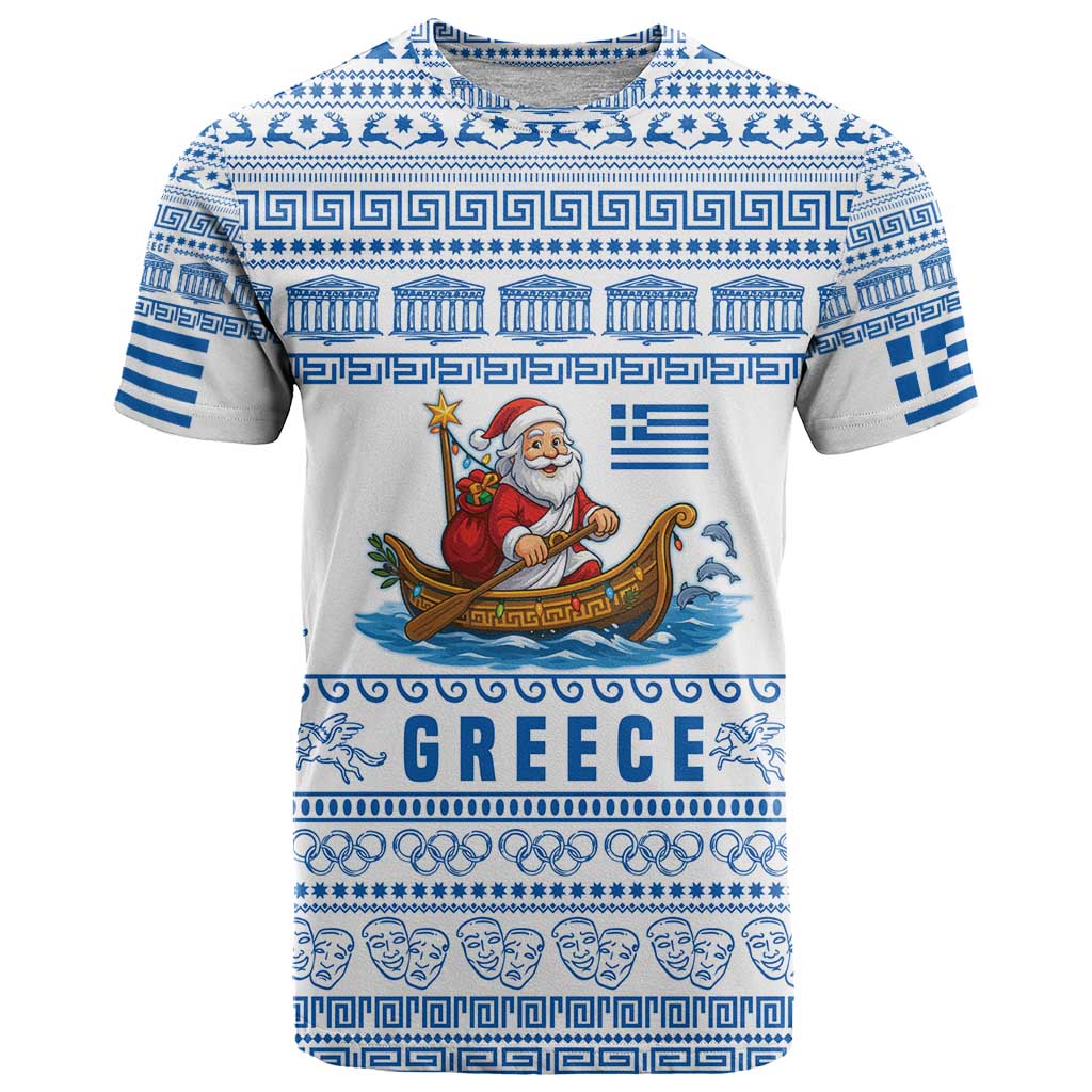 Greece Christmas T Shirt with Santa Rowing Boat Greek Flag Laurel Wreath Parthenon and Blue White Pattern Design - Wonder Print Shop