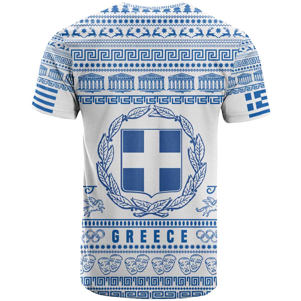 Greece Christmas T Shirt with Santa Rowing Boat Greek Flag Laurel Wreath Parthenon and Blue White Pattern Design - Wonder Print Shop