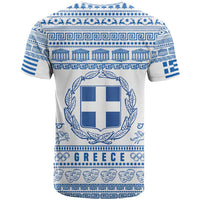 Greece Christmas T Shirt with Santa Rowing Boat Greek Flag Laurel Wreath Parthenon and Blue White Pattern Design - Wonder Print Shop