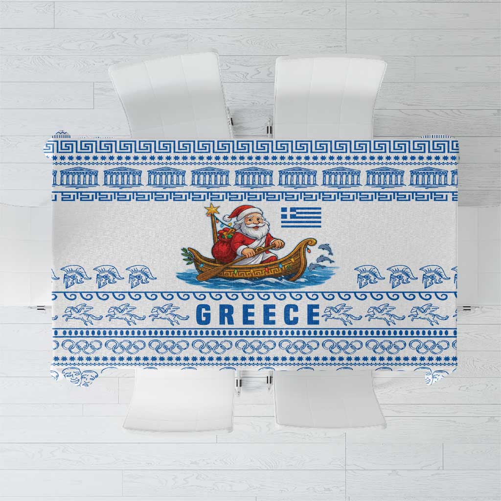 Greece Christmas Tablecloth with Santa Rowing Boat Greek Flag Laurel Wreath Parthenon and Blue White Pattern Design - Wonder Print Shop