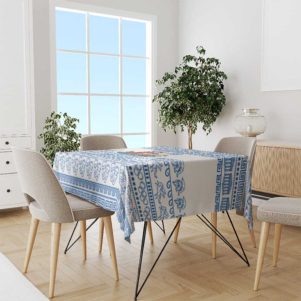 Greece Christmas Tablecloth with Santa Rowing Boat Greek Flag Laurel Wreath Parthenon and Blue White Pattern Design - Wonder Print Shop