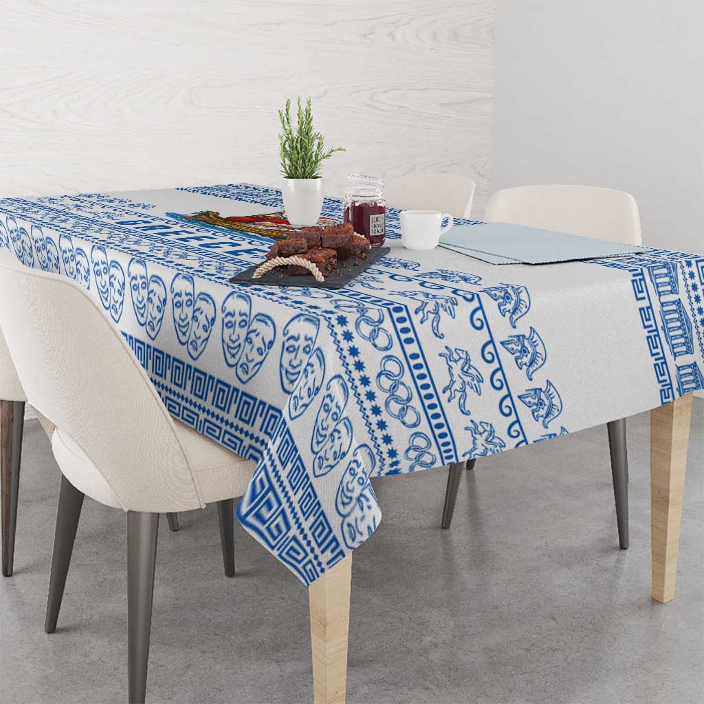 Greece Christmas Tablecloth with Santa Rowing Boat Greek Flag Laurel Wreath Parthenon and Blue White Pattern Design - Wonder Print Shop