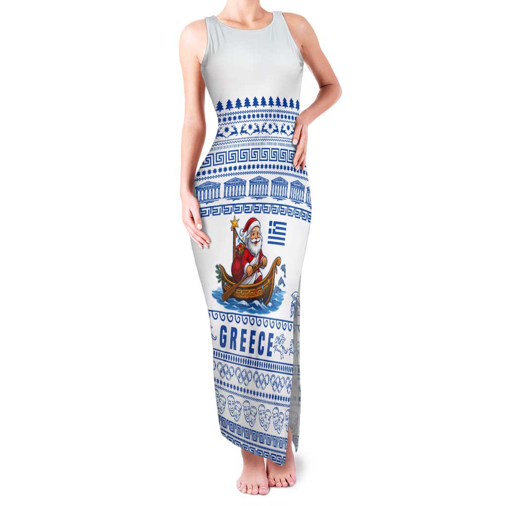 Greece Christmas Tank Maxi Dress with Santa Rowing Boat Greek Flag Laurel Wreath Parthenon and Blue White Pattern Design - Wonder Print Shop