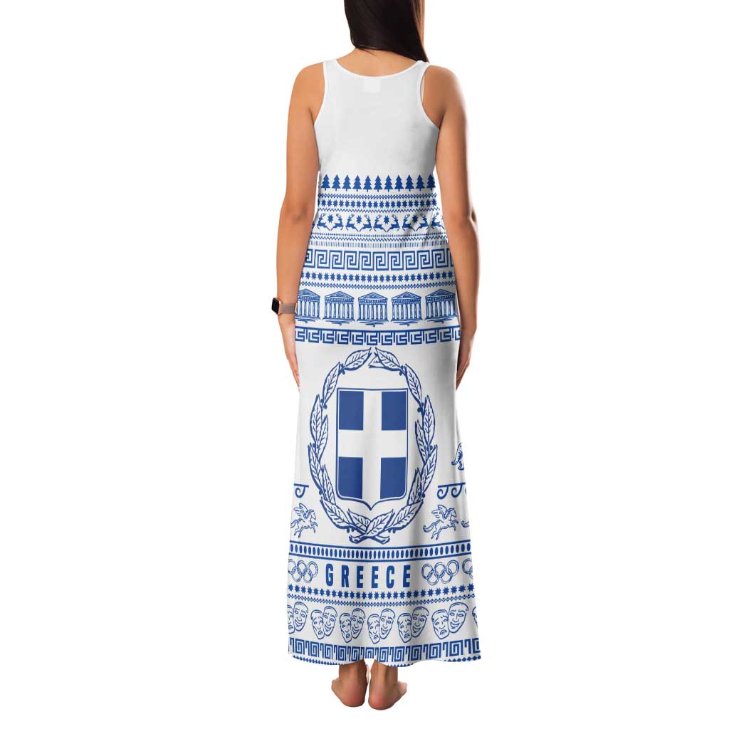 Greece Christmas Tank Maxi Dress with Santa Rowing Boat Greek Flag Laurel Wreath Parthenon and Blue White Pattern Design - Wonder Print Shop