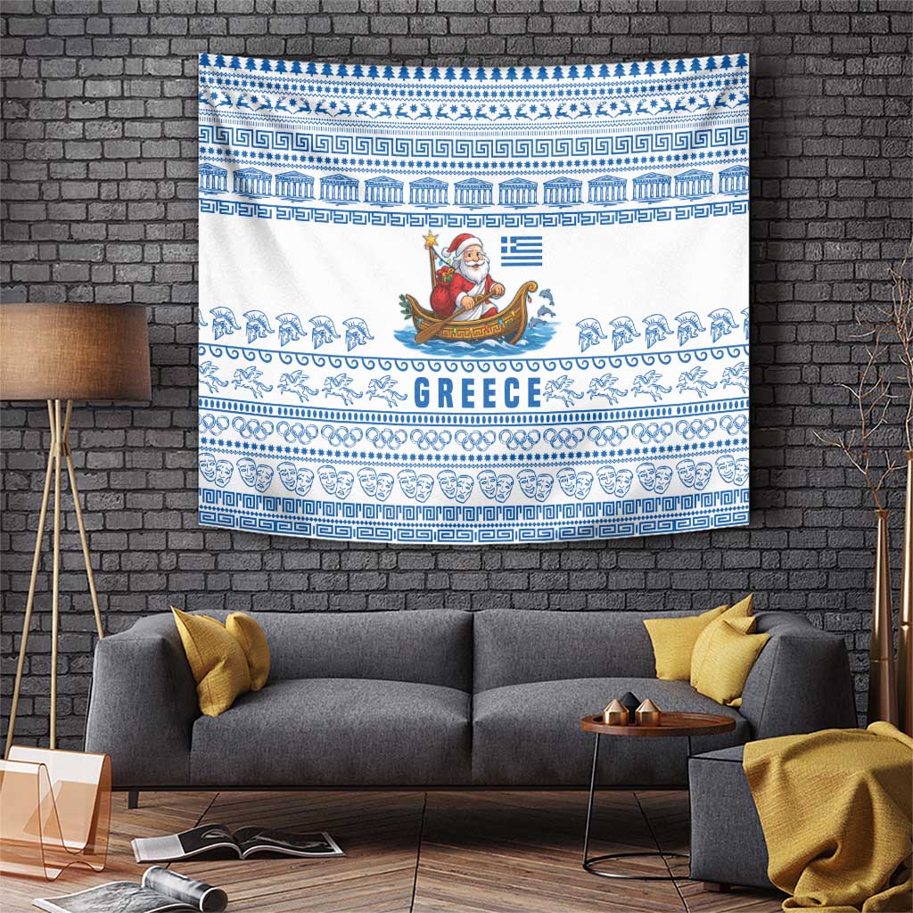 Greece Christmas Tapestry with Santa Rowing Boat Greek Flag Laurel Wreath Parthenon and Blue White Pattern Design - Wonder Print Shop
