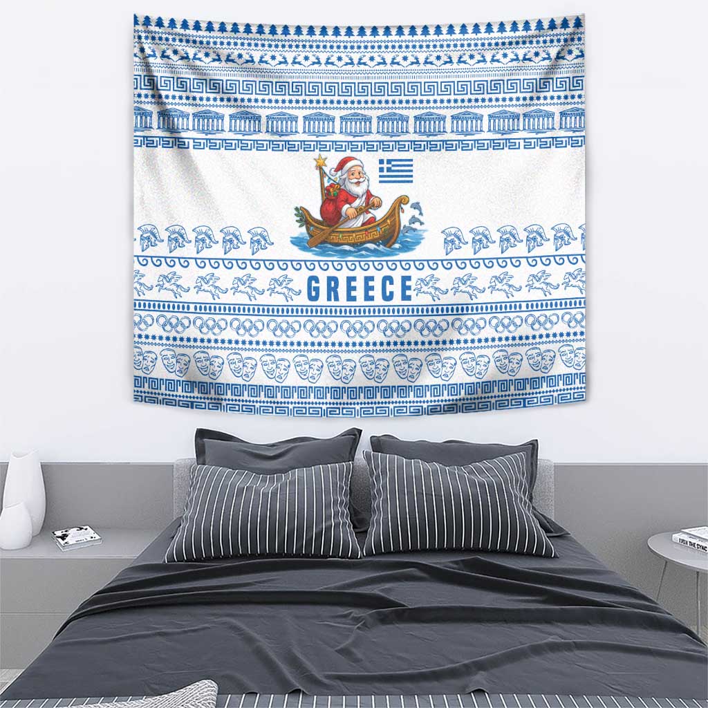 Greece Christmas Tapestry with Santa Rowing Boat Greek Flag Laurel Wreath Parthenon and Blue White Pattern Design - Wonder Print Shop