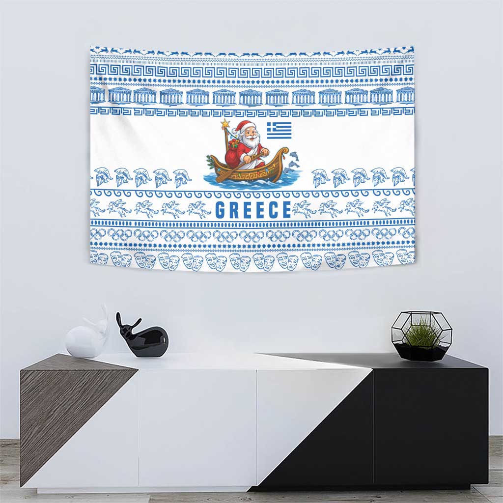 Greece Christmas Tapestry with Santa Rowing Boat Greek Flag Laurel Wreath Parthenon and Blue White Pattern Design - Wonder Print Shop