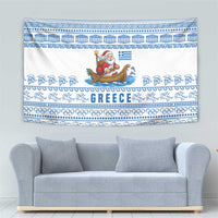 Greece Christmas Tapestry with Santa Rowing Boat Greek Flag Laurel Wreath Parthenon and Blue White Pattern Design - Wonder Print Shop