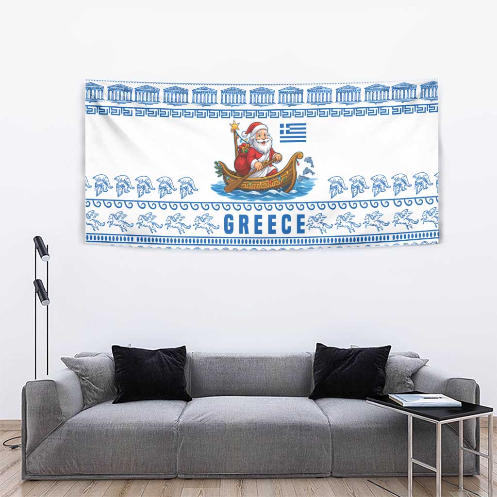 Greece Christmas Tapestry with Santa Rowing Boat Greek Flag Laurel Wreath Parthenon and Blue White Pattern Design - Wonder Print Shop