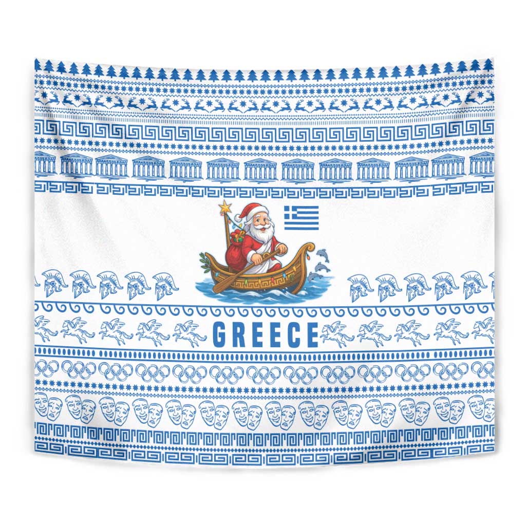 Greece Christmas Tapestry with Santa Rowing Boat Greek Flag Laurel Wreath Parthenon and Blue White Pattern Design - Wonder Print Shop