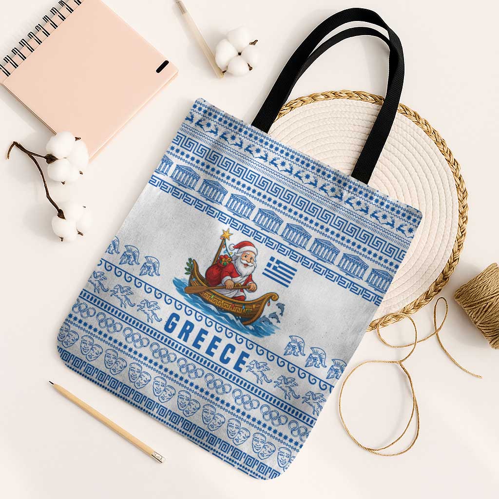 Greece Christmas Tote Bag with Santa Rowing Boat Greek Flag Laurel Wreath Parthenon and Blue White Pattern Design - Wonder Print Shop