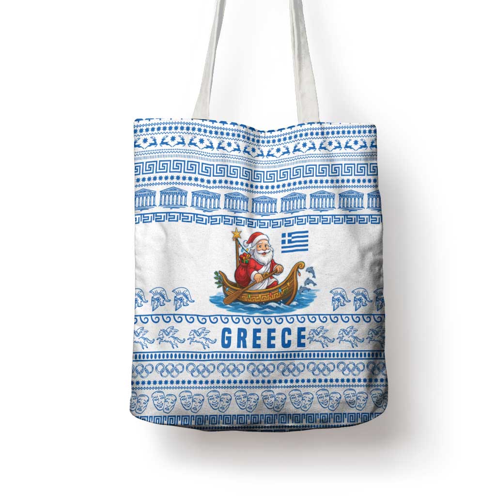 Greece Christmas Tote Bag with Santa Rowing Boat Greek Flag Laurel Wreath Parthenon and Blue White Pattern Design - Wonder Print Shop