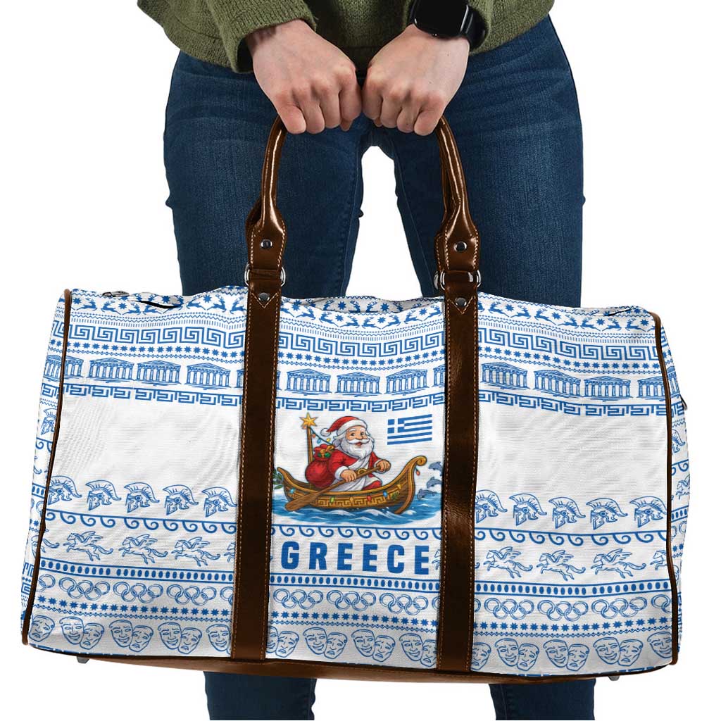 Greece Christmas Travel Bag with Santa Rowing Boat Greek Flag Laurel Wreath Parthenon and Blue White Pattern Design - Wonder Print Shop