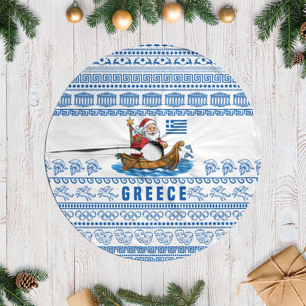 Greece Christmas Tree Skirt with Santa Rowing Boat Greek Flag Laurel Wreath Parthenon and Blue White Pattern Design - Wonder Print Shop