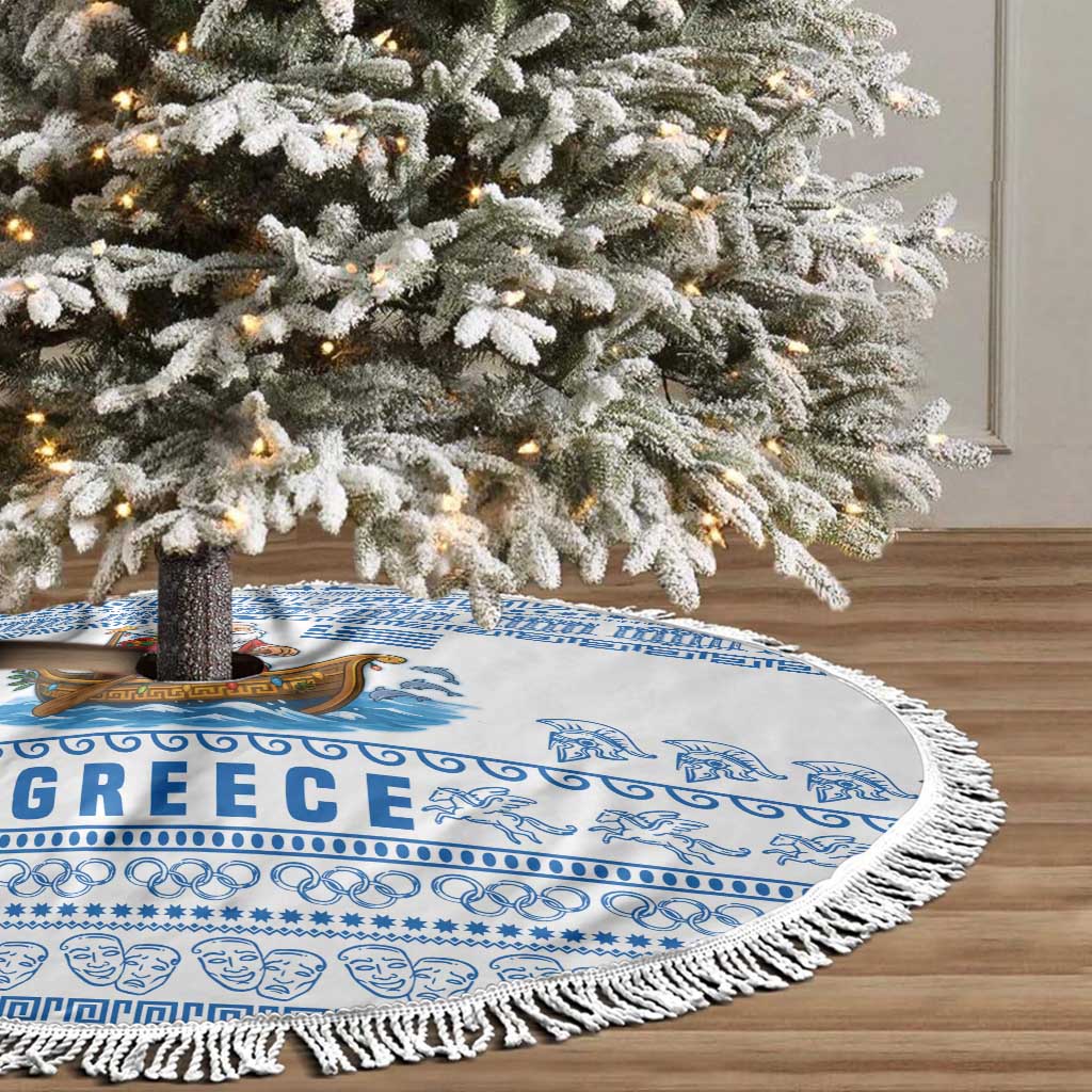 Greece Christmas Tree Skirt with Santa Rowing Boat Greek Flag Laurel Wreath Parthenon and Blue White Pattern Design - Wonder Print Shop