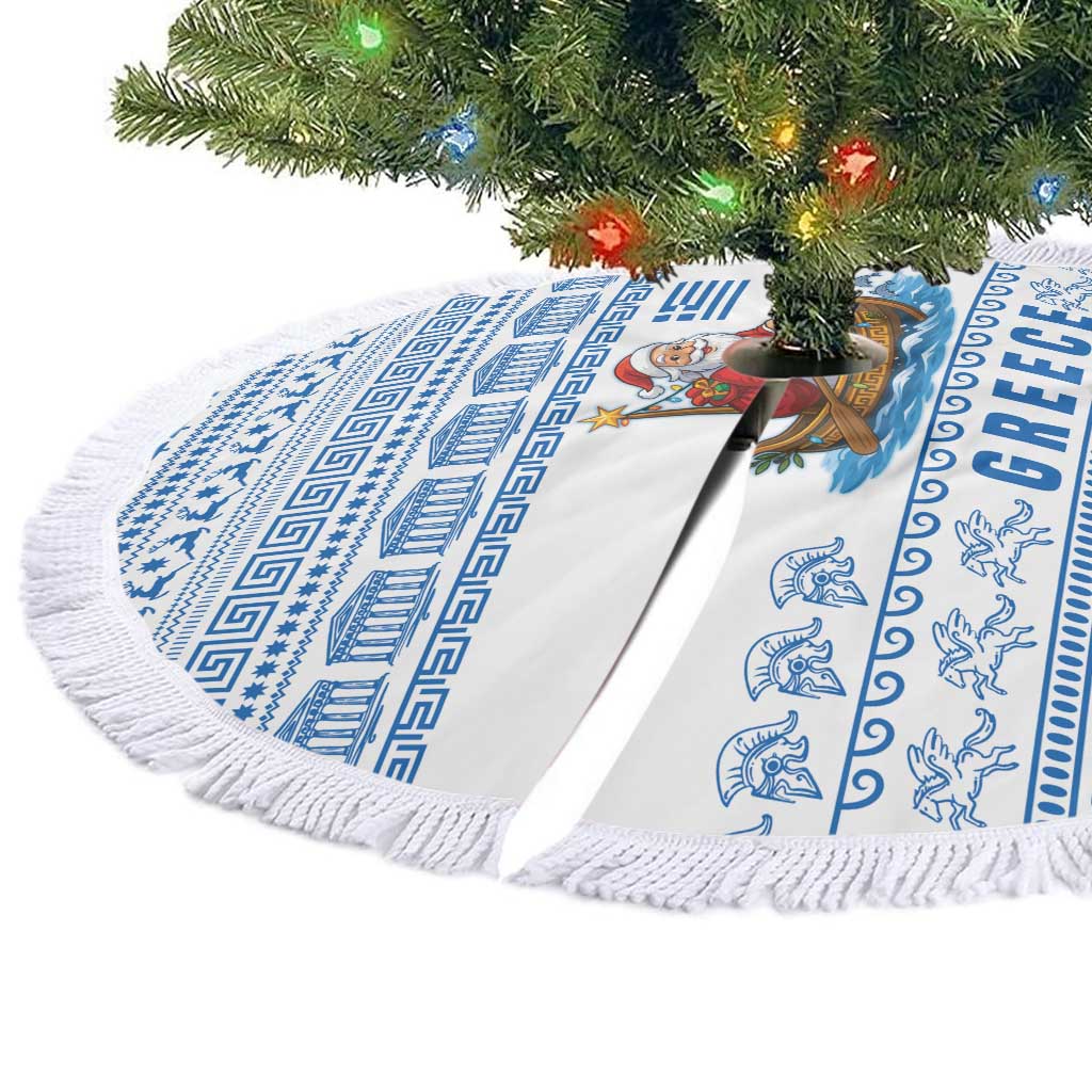 Greece Christmas Tree Skirt with Santa Rowing Boat Greek Flag Laurel Wreath Parthenon and Blue White Pattern Design - Wonder Print Shop