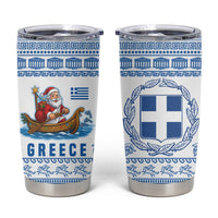 Greece Christmas Tumbler Cup with Santa Rowing Boat Greek Flag Laurel Wreath Parthenon and Blue White Pattern Design - Wonder Print Shop