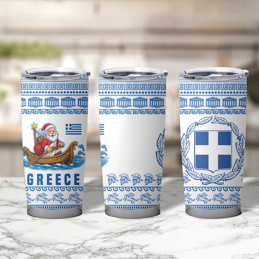 Greece Christmas Tumbler Cup with Santa Rowing Boat Greek Flag Laurel Wreath Parthenon and Blue White Pattern Design - Wonder Print Shop
