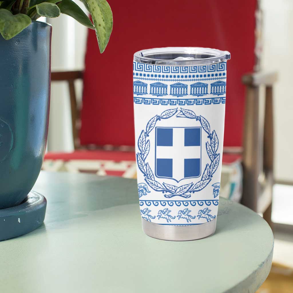 Greece Christmas Tumbler Cup with Santa Rowing Boat Greek Flag Laurel Wreath Parthenon and Blue White Pattern Design - Wonder Print Shop