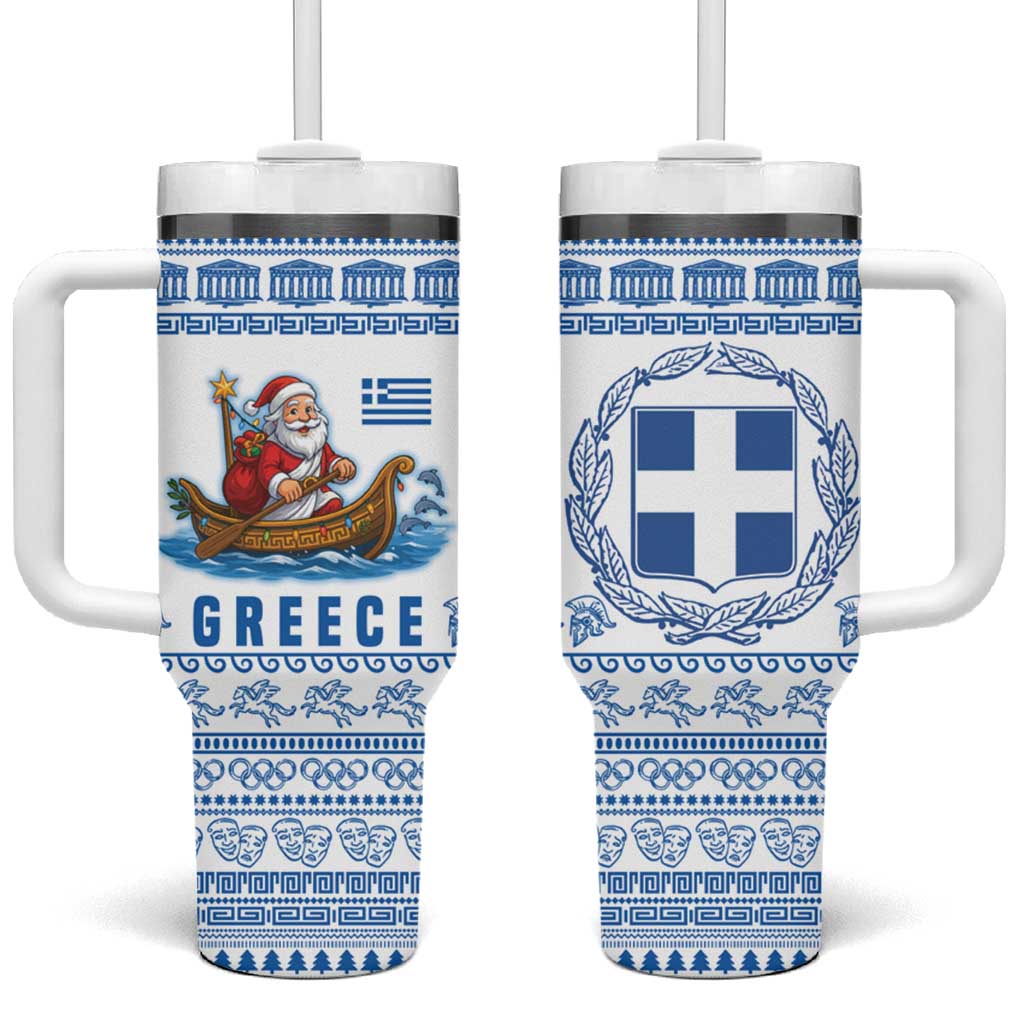 Greece Christmas Tumbler With Handle with Santa Rowing Boat Greek Flag Laurel Wreath Parthenon and Blue White Pattern Design - Wonder Print Shop