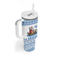 Greece Christmas Tumbler With Handle with Santa Rowing Boat Greek Flag Laurel Wreath Parthenon and Blue White Pattern Design - Wonder Print Shop