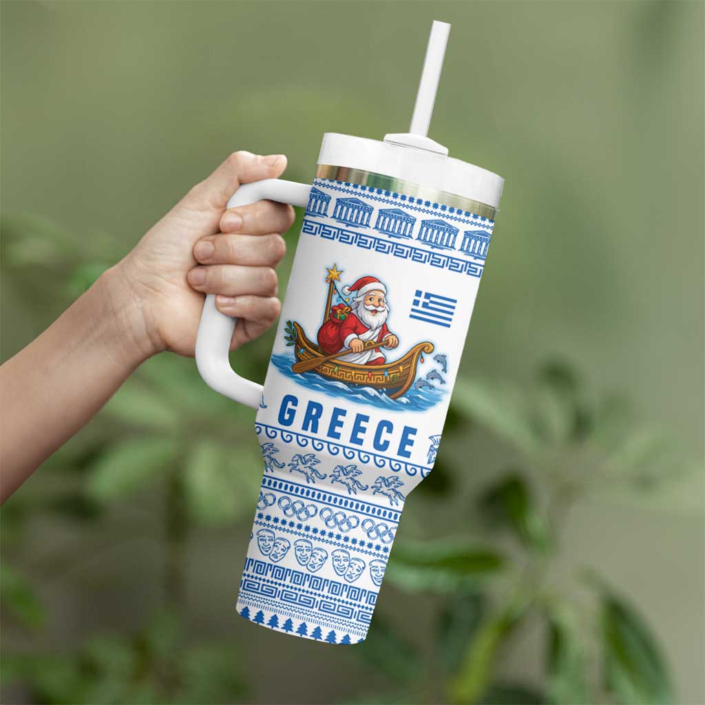 Greece Christmas Tumbler With Handle with Santa Rowing Boat Greek Flag Laurel Wreath Parthenon and Blue White Pattern Design - Wonder Print Shop