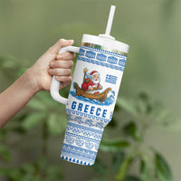 Greece Christmas Tumbler With Handle with Santa Rowing Boat Greek Flag Laurel Wreath Parthenon and Blue White Pattern Design - Wonder Print Shop