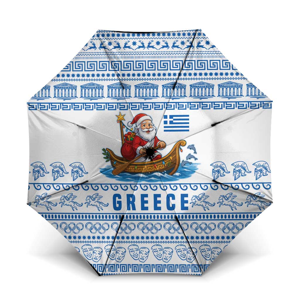 Greece Christmas Umbrella with Santa Rowing Boat Greek Flag Laurel Wreath Parthenon and Blue White Pattern Design - Wonder Print Shop