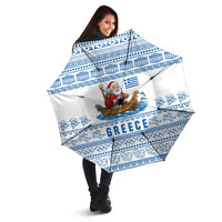 Greece Christmas Umbrella with Santa Rowing Boat Greek Flag Laurel Wreath Parthenon and Blue White Pattern Design - Wonder Print Shop