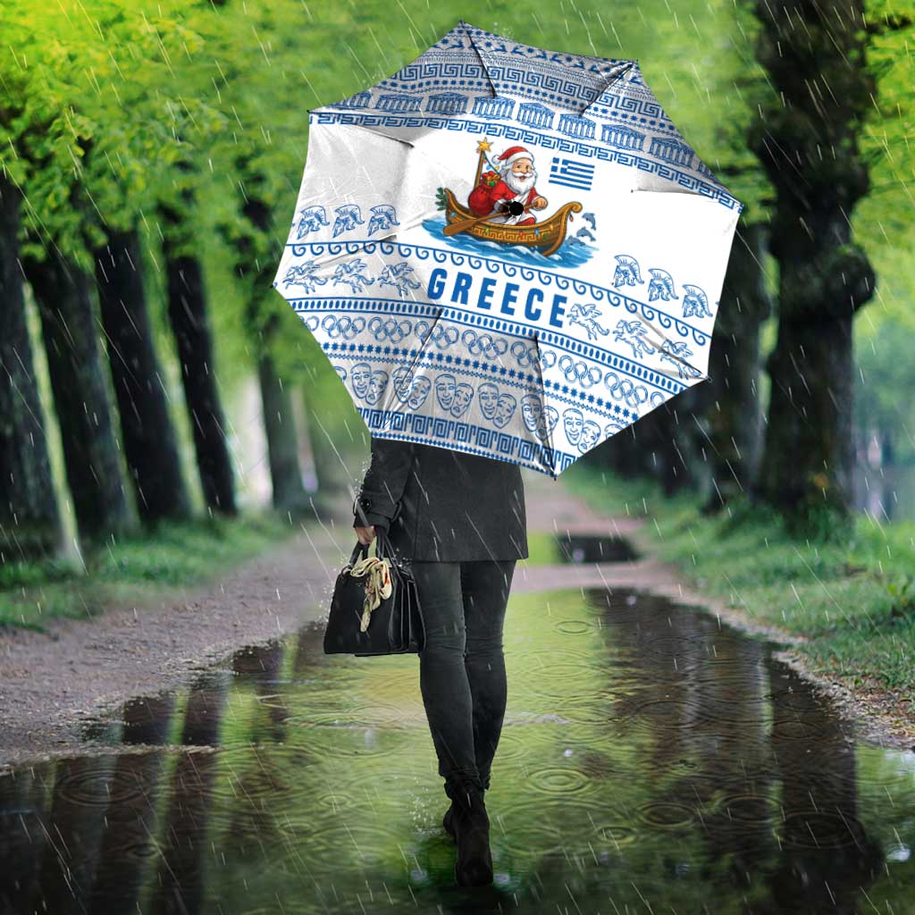 Greece Christmas Umbrella with Santa Rowing Boat Greek Flag Laurel Wreath Parthenon and Blue White Pattern Design - Wonder Print Shop
