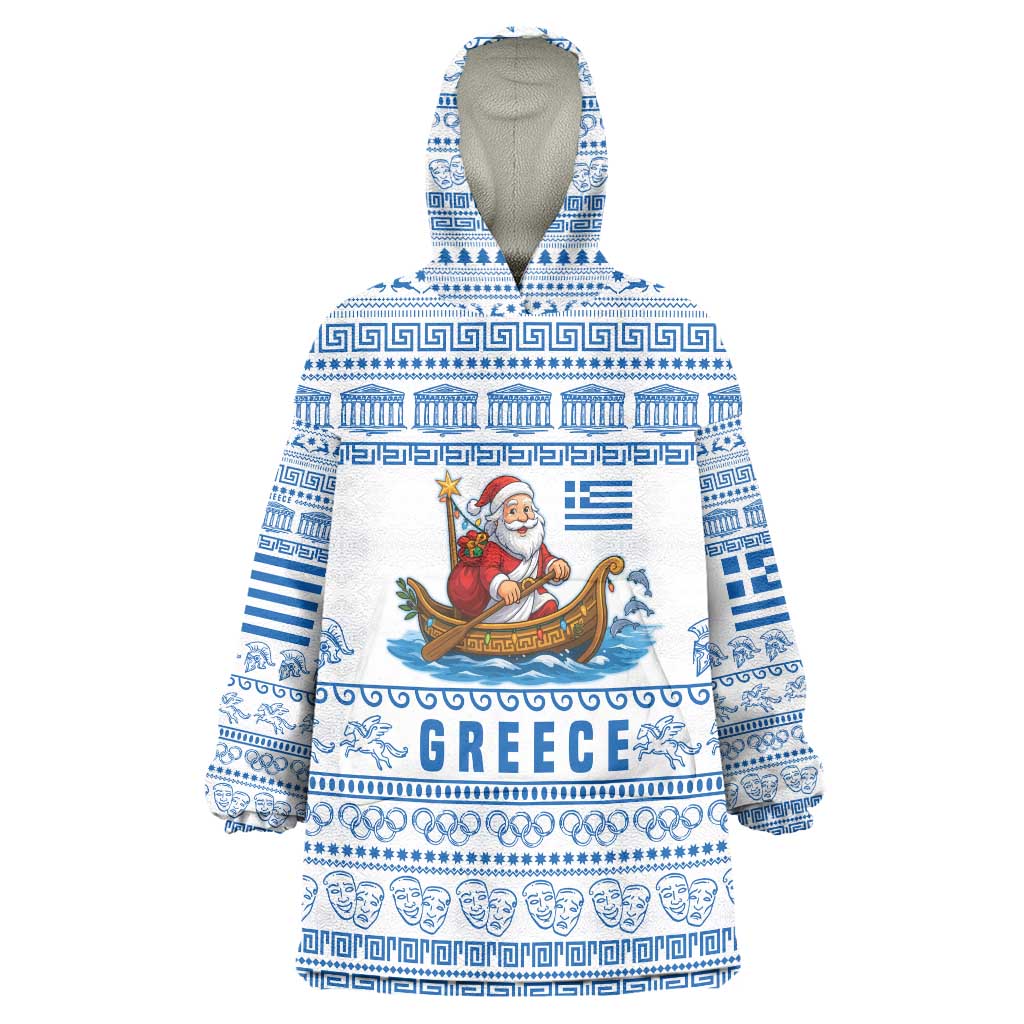 Greece Christmas Wearable Blanket Hoodie with Santa Rowing Boat Greek Flag Laurel Wreath Parthenon and Blue White Pattern Design - Wonder Print Shop