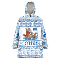 Greece Christmas Wearable Blanket Hoodie with Santa Rowing Boat Greek Flag Laurel Wreath Parthenon and Blue White Pattern Design - Wonder Print Shop