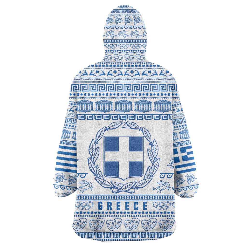 Greece Christmas Wearable Blanket Hoodie with Santa Rowing Boat Greek Flag Laurel Wreath Parthenon and Blue White Pattern Design - Wonder Print Shop