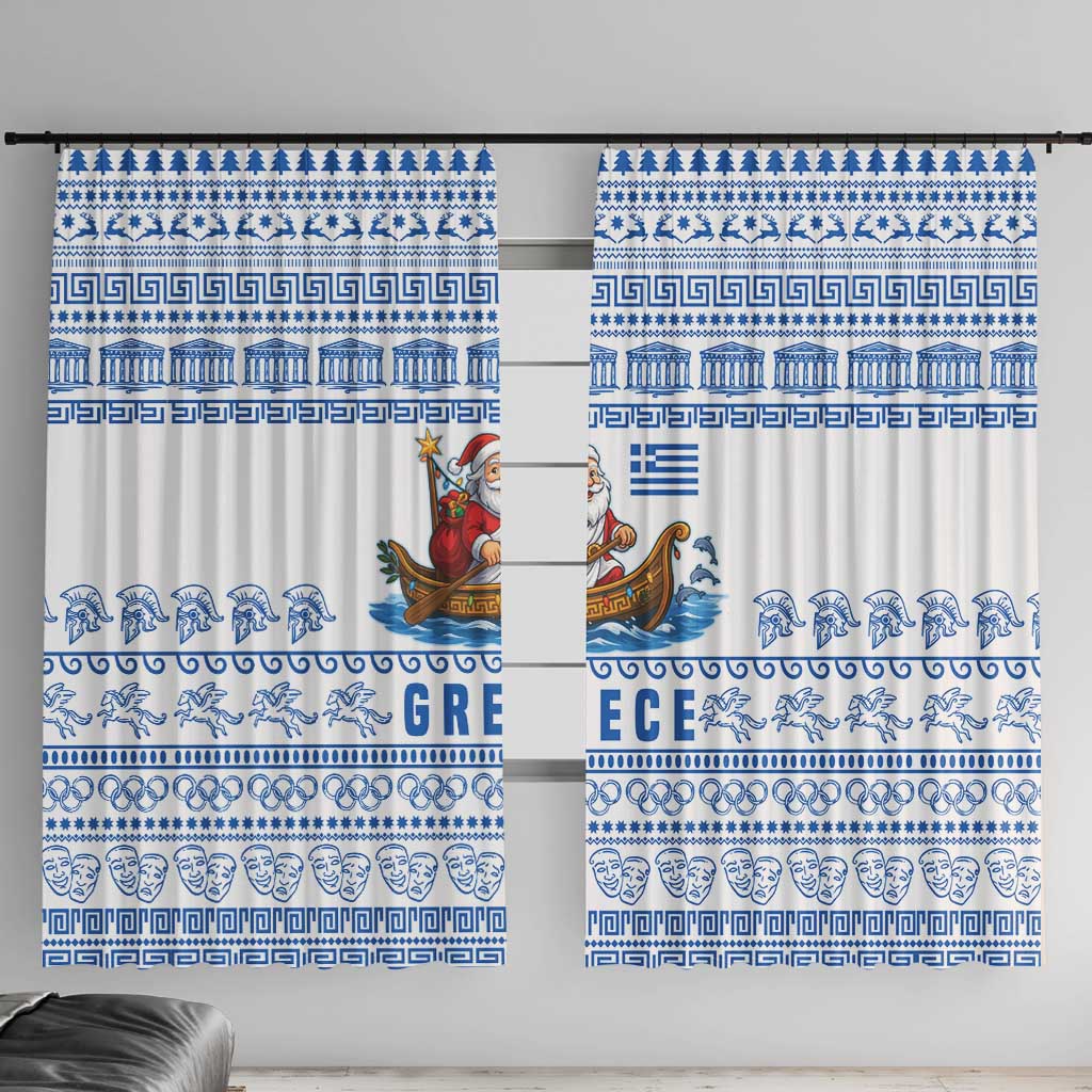 Greece Christmas Window Curtain with Santa Rowing Boat Greek Flag Laurel Wreath Parthenon and Blue White Pattern Design - Wonder Print Shop