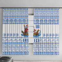 Greece Christmas Window Curtain with Santa Rowing Boat Greek Flag Laurel Wreath Parthenon and Blue White Pattern Design - Wonder Print Shop