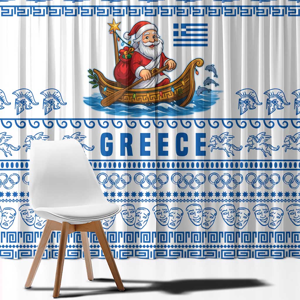 Greece Christmas Window Curtain with Santa Rowing Boat Greek Flag Laurel Wreath Parthenon and Blue White Pattern Design - Wonder Print Shop