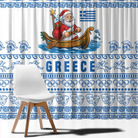 Greece Christmas Window Curtain with Santa Rowing Boat Greek Flag Laurel Wreath Parthenon and Blue White Pattern Design - Wonder Print Shop