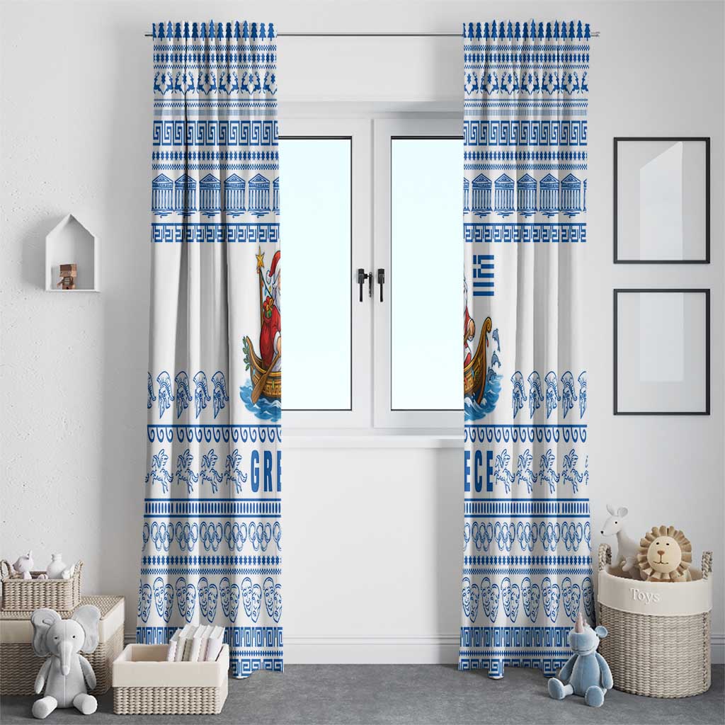 Greece Christmas Window Curtain with Santa Rowing Boat Greek Flag Laurel Wreath Parthenon and Blue White Pattern Design - Wonder Print Shop